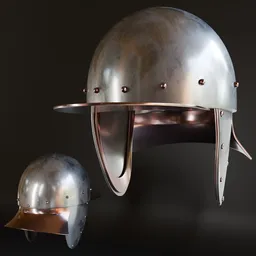 3D model of a polished metal military helmet with rivets, designed for Blender, low poly with high-quality materials.