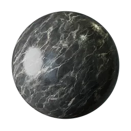 High-resolution PBR Obsidian Wave Marble texture for 3D modeling, featuring a dark base with white wavy veining for a sophisticated design.