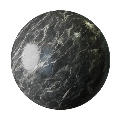 High-resolution PBR Obsidian Wave Marble texture for 3D modeling, featuring a dark base with white wavy veining for a sophisticated design.