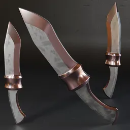 Detailed 3D dagger model with high-quality metal textures, ideal for war game design, ready for Blender 3D rendering and animation.
