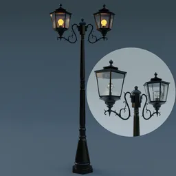 Detailed 3D rendering of an ornate street lamp with glowing lights, perfect for Blender exterior scenes.