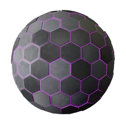 High-resolution 4K PBR Sci fi wall texture with hexagonal patterns and purple emissive details for 3D modeling.