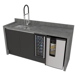 "A hyper-detailed 3D model of a Gourmet Area with a wine cooler, sink, fridge, and faucet made in Blender 3D. Perfect for interior design and architectural visualization projects. Bauhaus-inspired offering to Zeus with solar mythos and old stone texture."