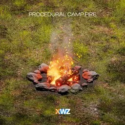 "Camp Fire Pit 3D model for Blender 3D - Processualization by Mike 'Beeple' Winkelmann, featuring Constant's acclaimed engine and award-winning masterpiece by Krenz C. Completely procedural with rocks and firewoods in the grass, perfect for realistic campfire scenes. Increase transparency lights paths for optimal render quality."
