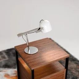 Modern 3D rendered metal table lamp on wooden nightstand for Blender modeling and visualization.