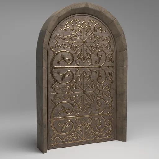 Detailed 3D model of a vintage cathedral door with intricate scrollwork, crafted for Blender rendering.
