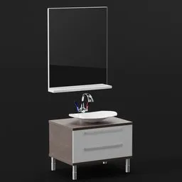 Realistic Blender 3D model of a modern Luva washbasin with silver faucet, wooden cabinet, and frameless mirror.