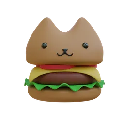 "3D Burger Mascot Character Cat for Fast Food Advertising. Modeled with Blender 3D and inspired by Keren Katz and Patrick Adam, this cute and well-rendered character features a cat face atop a hamburger bun. Perfect for Unity rendering and available on BlenderKit in the Monster-Creature category."