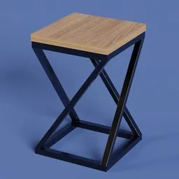 "Modern stool made of wood and steel, perfect for Blender 3D projects. Blue and black color scheme with sharp geometrical squares and crooked legs. Photorealistic and textured, ideal for product shots or catalog images."