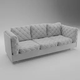 "White Leather Sofa 3D model in monochrome finish with quilted back and pillow, rendered with Octane Render in Blender 3D software. Features fur simulation and bumped 3D details for a realistic look. Perfect for interior design and furniture visualization projects."