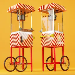 "Red and white popcorn machine model for Blender 3D, featuring detailed faces and intricate patterns, with the ability to control emission strength via shape keys. Perfect for restaurant and bar 3D visualizations or cinema-themed projects. Made in 2019 using Redshift renderer and featuring brass wheels for added realism."