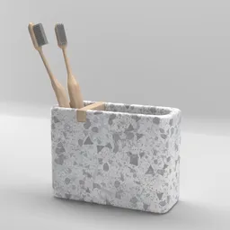 Realistic 3D render of a speckled ceramic toothbrush holder with two toothbrushes for Blender modeling.