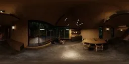 Rustic wooden room with dining set, shelf of items, large windows, and concrete floor in 12K HDR lighting preview.