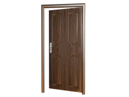 Detailed 3D model of a wooden door with panel design, ideal for Blender rendering and animations.