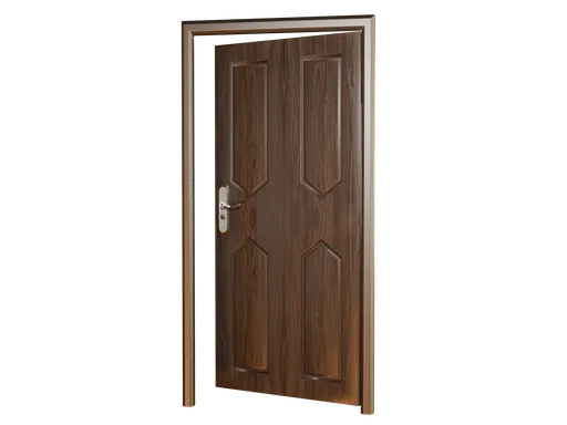 Detailed 3D model of a wooden door with panel design, ideal for Blender rendering and animations.