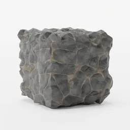 "Stylised rough block for games in Blender 3D: Monochrome 3D model of a large, disturbing rock on white surface with bumpy mottled skin. Features sandstone and lava texture with a photorealistic art style and rust accents."