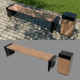 3D model of a modern minimal bench with a coordinating trash bin, designed for Blender rendering.