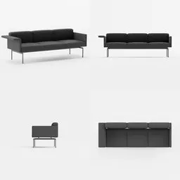 "3D model of a black sofa and chair on white surface, created in Blender 3D. The model is based on B&T Design's Mabel Comfort chair and includes wood and fabric textures. References available at bt.design and btdesignglobal on Instagram."