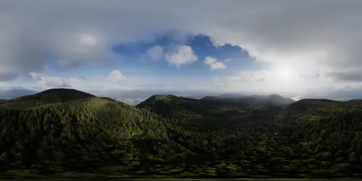 360-degree HDR panorama of dramatic clouds over a lush forest for realistic lighting in 3D scenes.