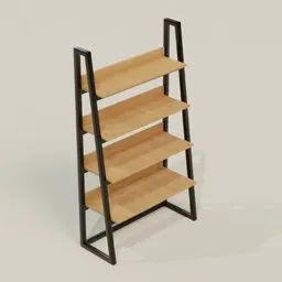 Detailed 3D model of a modern wooden bookshelf with metal frame, optimized for Blender rendering.