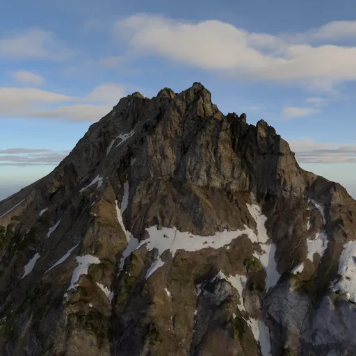Detailed 3D scanned model of a rocky mountain peak with snow patches for use in Blender rendering projects.