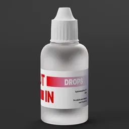 "Medicinal Drops 3D model for Blender 3D depicting a close-up of a bottle with a dropper perfect for pharmacy video game assets. Created in 2019, this model accurately represents real-life drops with a custom sticker adding a unique touch. Contains salvia, black resin, and crude components for a bitter cupertino flavor."