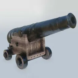 "High-poly wooden cannon on wheels, perfect for historic military scenes and ship docks in Blender 3D. This detailed 3D model showcases an old cannon, complete with a wooden base. Get ready to enhance your Blender 3D projects with this realistic Gun Of Ships Canon 3D model."