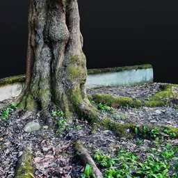 Realistic Blender 3D model of tree trunk with detailed roots, moss textures, and foliage elements for environmental design.