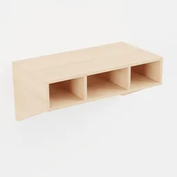 Detailed 3D rendering of a minimalist wooden wall shelf with compartments for interior design, compatible with Blender.