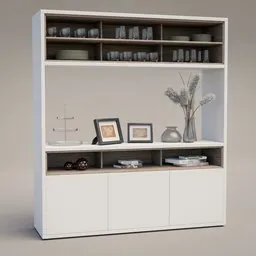 "3D model: Cabinet with Decoration, featuring Glasses, Picture Frames, Books, Decoration Plants and Plates. Created in Blender 3D, this shelving unit showcases a white cabinet with a shelf and a vase, rendered with Toyen's 3DCG artistry. The neutral colors, elm tree design, and artist's impression further enhance the overall aesthetic. Ideal for those seeking a versatile and visually appealing 3D model for Blender 3D projects."
