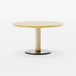 "Round restaurant table with wooden leg and brass detailing, created in Blender 3D. Featuring a glass and metal Peugot Onyx top, with marble and gold accents, this ultra-high detailed table is perfect for any trendsetting establishment."