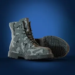 Detailed camouflage military boots 3D rendering for Blender, featuring realistic textures and rugged soles.