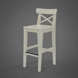"White wooden bar chair with full height view, suitable for pub interior. Blender 3D model resembling Ikea high barstool. Vue 3D render."