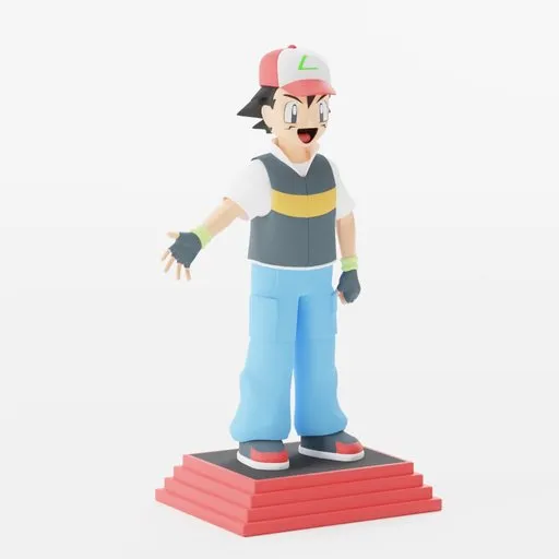Detailed 3D figure modeled in Blender, featuring anime-inspired male character with iconic cap and pose.