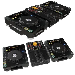 Highly detailed DJ mixer and turntable 3D model, suitable for Blender rendering and audio scene creation.