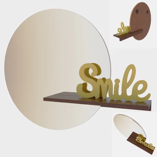 3D rendered round mirror with a wooden shelf and decorative 'Smile' lettering for Blender visualization.