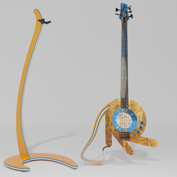 "Blender electric bass guitar: 3D model of a 5-string bass with neon orange strings, Schaller bridge and tuning mechanics and passive DELANO pickup. Comes with Bulldog guitar stand. Created in Blender 3D software."