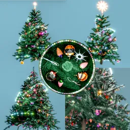Detailed 3D Christmas tree with customizable decorations and garland, designed in Blender with procedural materials.