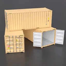 Detailed low-poly 3D model of a yellow military shipping container with movable doors for game development in Blender.