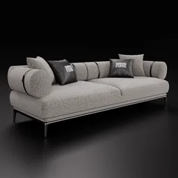 Elegant vintage-style 3D sofa model with dark grey fabric and black chrome base, compatible with Blender 4.0+.