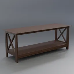 "Wood Coffee Table 3D model for Blender 3D - Long wooden table with criss cross wood ends, perfect for living rooms, lounges and waiting rooms. Inspired by Archibald Skirving and featuring a steel joint and diagonal lines design."