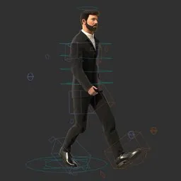 Professionally-dressed male 3D model in suit with walk cycle animation, designed in Marvelous Designer.