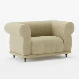 Beige upholstered 3D model armchair with plush wide arms and wooden legs for Blender rendering.