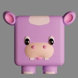 Cubical stylized 3D hippopotamus in purple, optimized for mobile use in Blender, with a low poly count design.