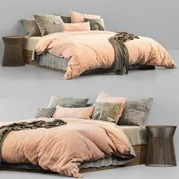 "King size modern Italian bed with pink velvet fabric for Blender 3D - high detail 3D model with wooden frame, gray and orange color scheme, featuring a panoramic 360 render and color displacement. Perfect for interior design projects and visualization."