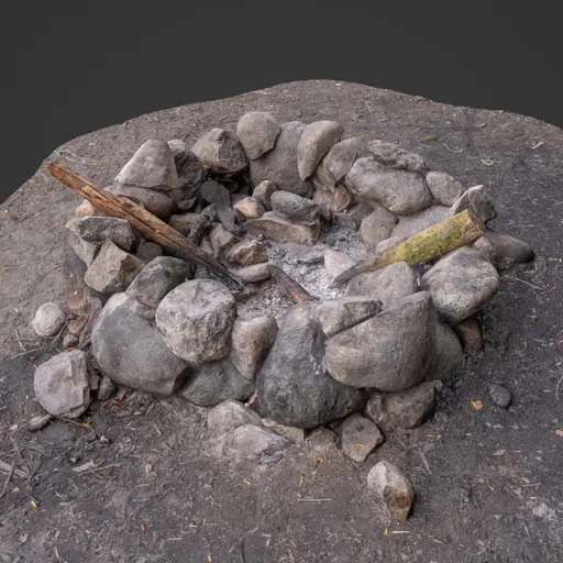 Realistic 3D scanned firepit with rocks and wood, optimized for Blender rendering.