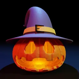 "Spooky Halloween 3D model of a pumpkin wearing a witch hat with a glowing face, created with Blender 3D software. The detailed bump mapping and vivid colors make this award-winning render stand out. Inspired by Gladys Kathleen Bell's work, this pumpkin also features smooth shading techniques and a toon-shading with glow effect. Perfect for all your Halloween-themed Blender projects."