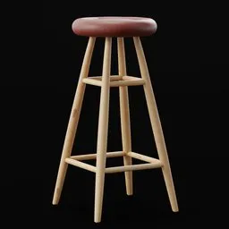 Detailed 3D rendering of a vintage style bar stool with wooden legs and leather top, compatible with Blender.