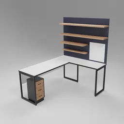 This 3D model features an office desk and shelves, perfect for a functional and organized workspace. The desk includes a shelf and a drawer, while the shelves provide additional storage space for books, files, and other office essentials. Great for use in digital concept art or 3D animation projects.