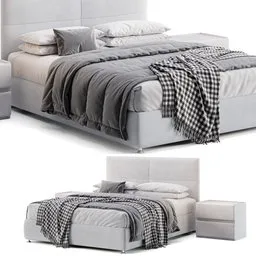 Highly detailed 3D model of a queen-size bed with pillows and blanket, UV mapped, for Blender rendering.